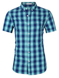 Teal plaid short-sleeve collared button-up shirt with front buttons