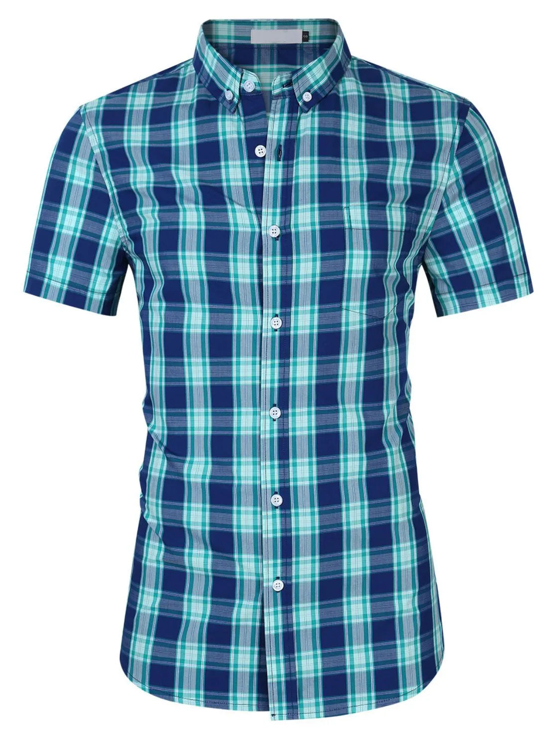 Teal plaid short-sleeve collared button-up shirt with front buttons