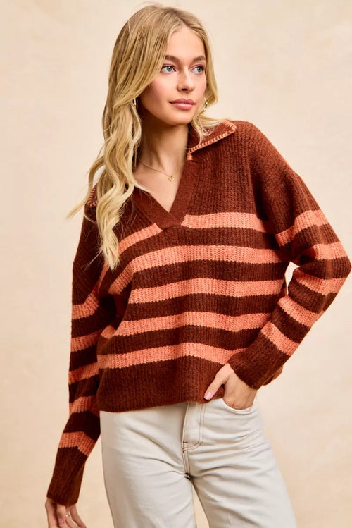 Brick striped sweater top with V-neck collar and terracotta horizontal stripe pattern