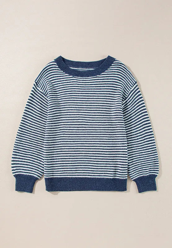 Blue and white striped long sleeve sweater, ribbed boat neckline (front, flat lay)
