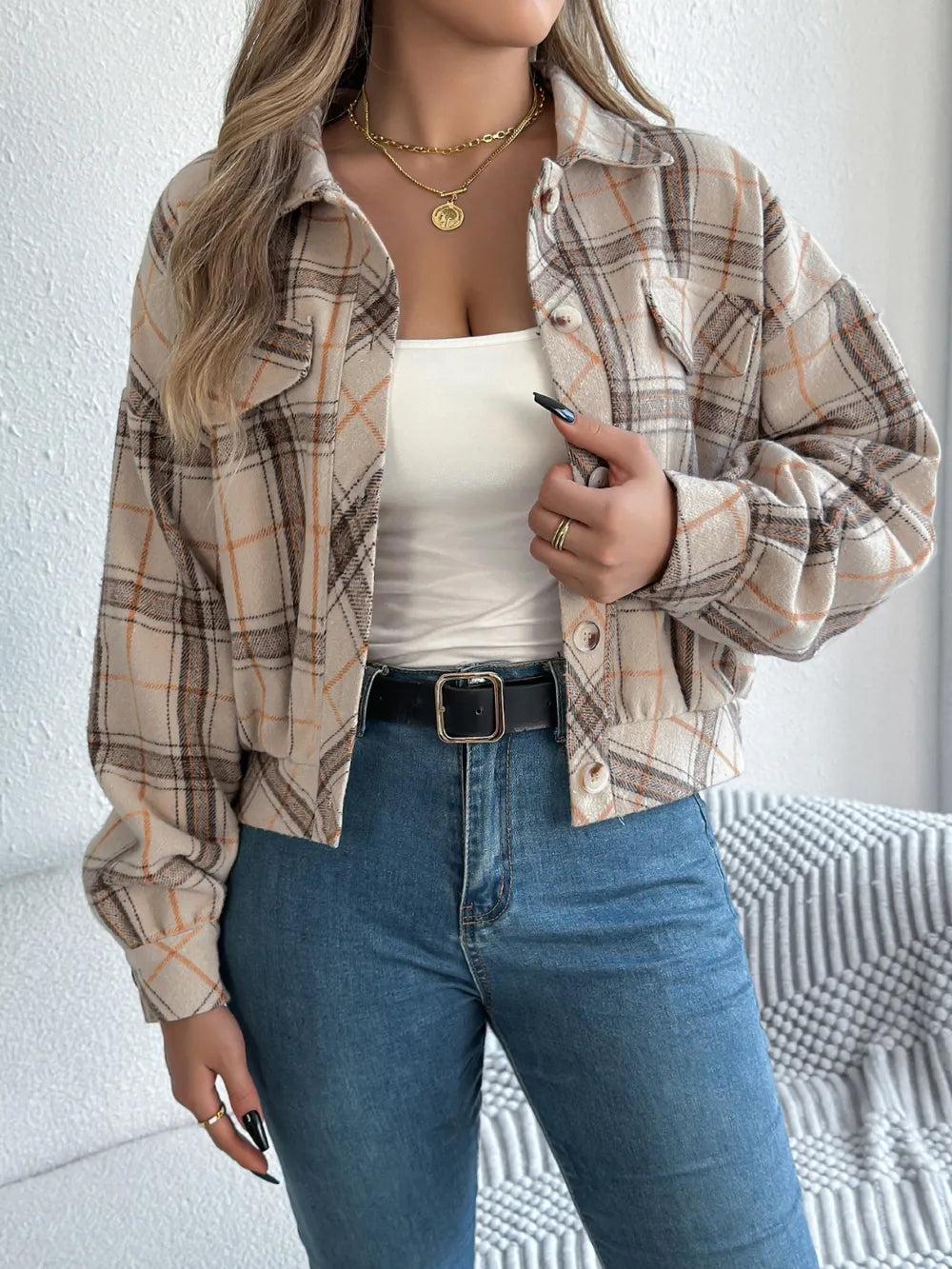 Plaid button-up long-sleeve jacket, beige and tan with dark-brown check pattern, button placket