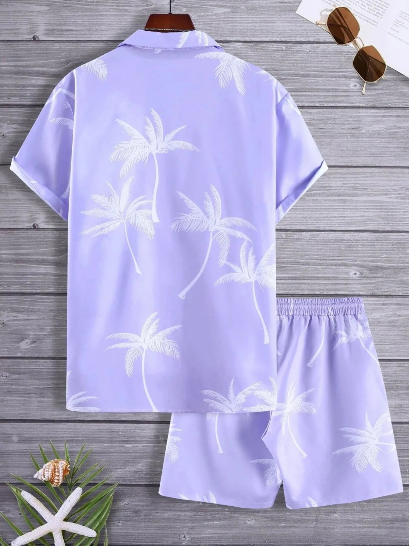 Men's palm print button-up shirt and shorts set, light purple with palm motif print.