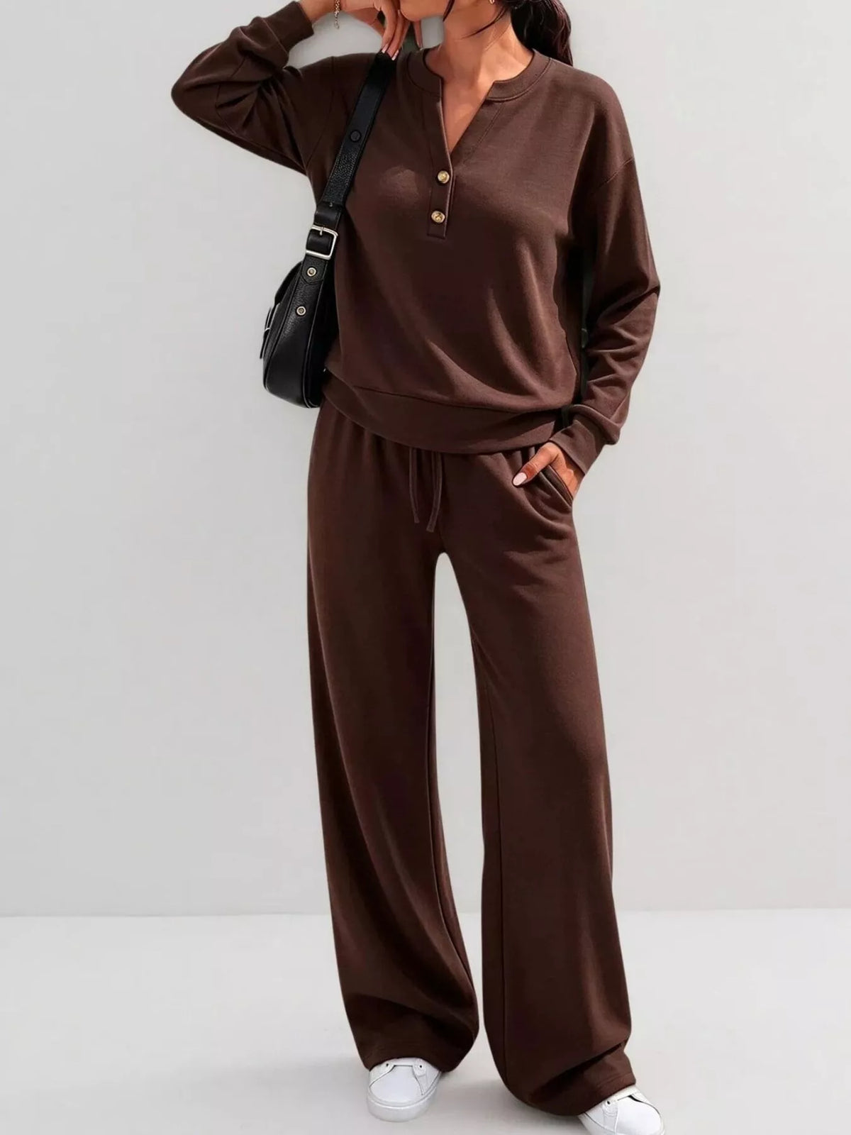 Women’s dark brown button-front top and wide-leg lounge pants set with drawstring waist
