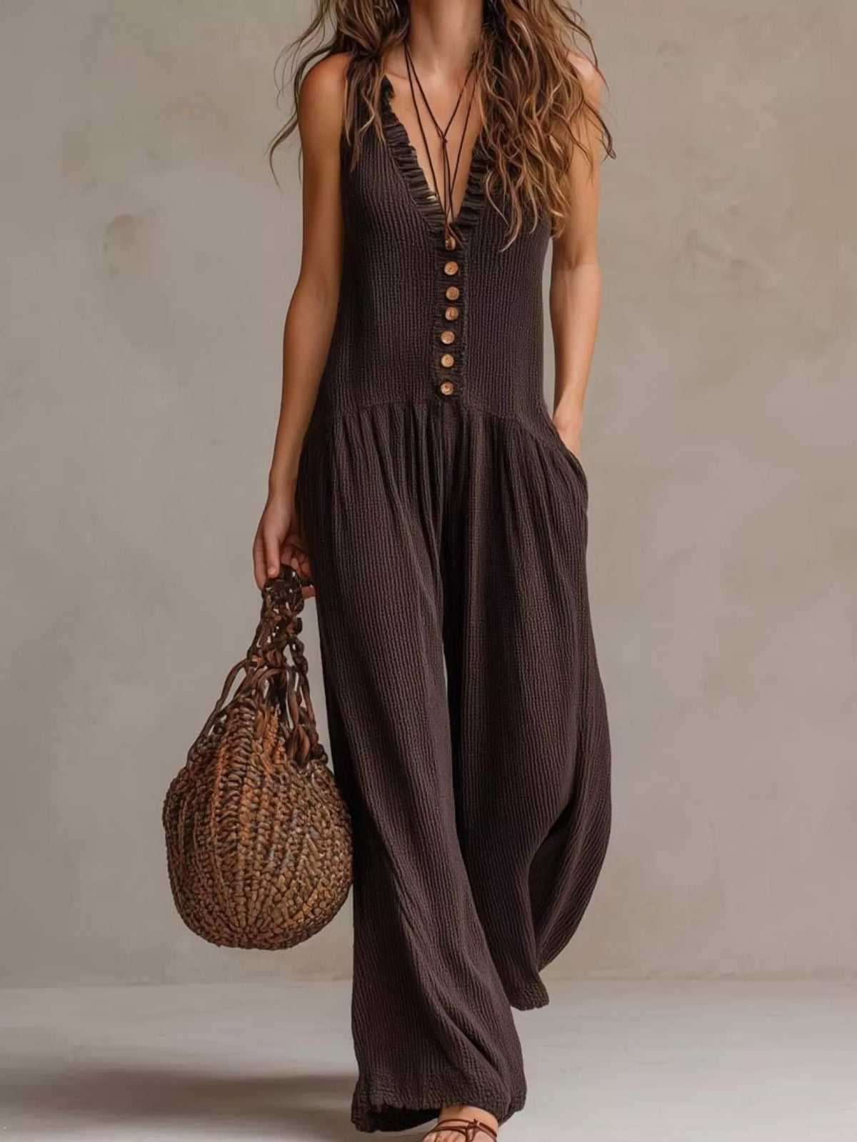 Coffee brown sleeveless V-neck jumpsuit with button front and tiered bodice