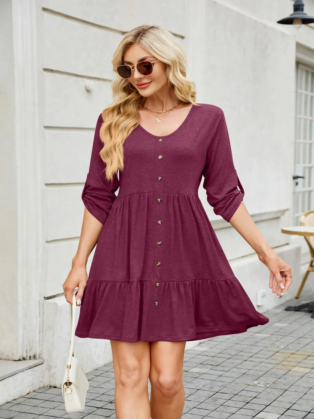 Tiered ruched V-neck mini dress in maroon with button-down front