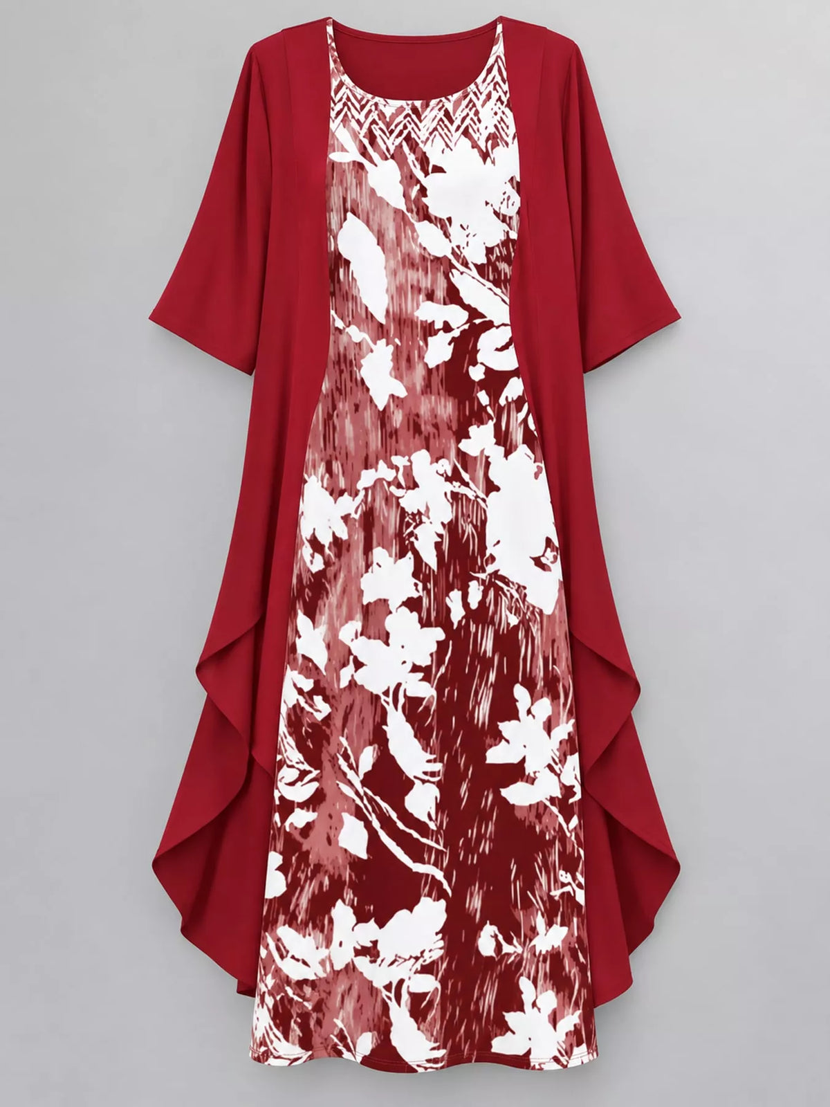 Floral dress and chiffon cardigan set with red open back layer over burgundy print