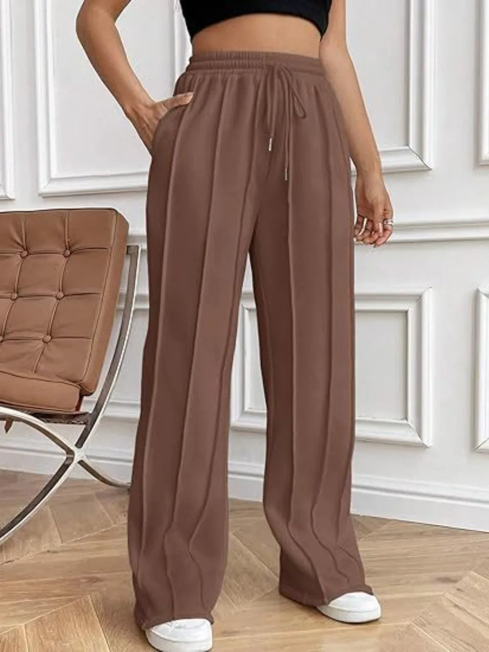 Brown wide-leg pants with drawstring waistband and side pockets
