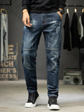 Men's slim-fit distressed stretch cotton jeans, dark blue with ripped knee details