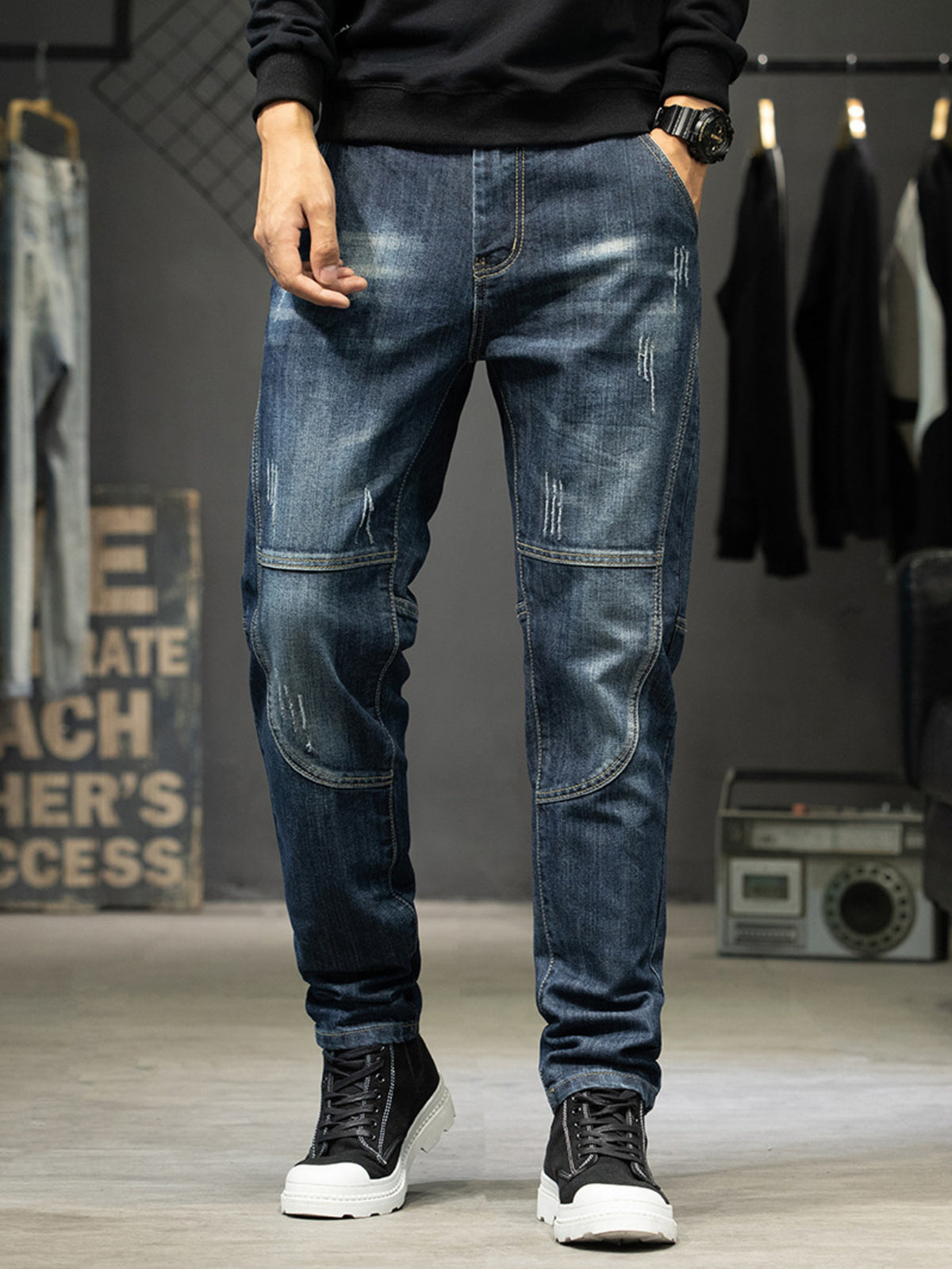 Men's slim-fit distressed stretch cotton jeans, dark blue with ripped knee details