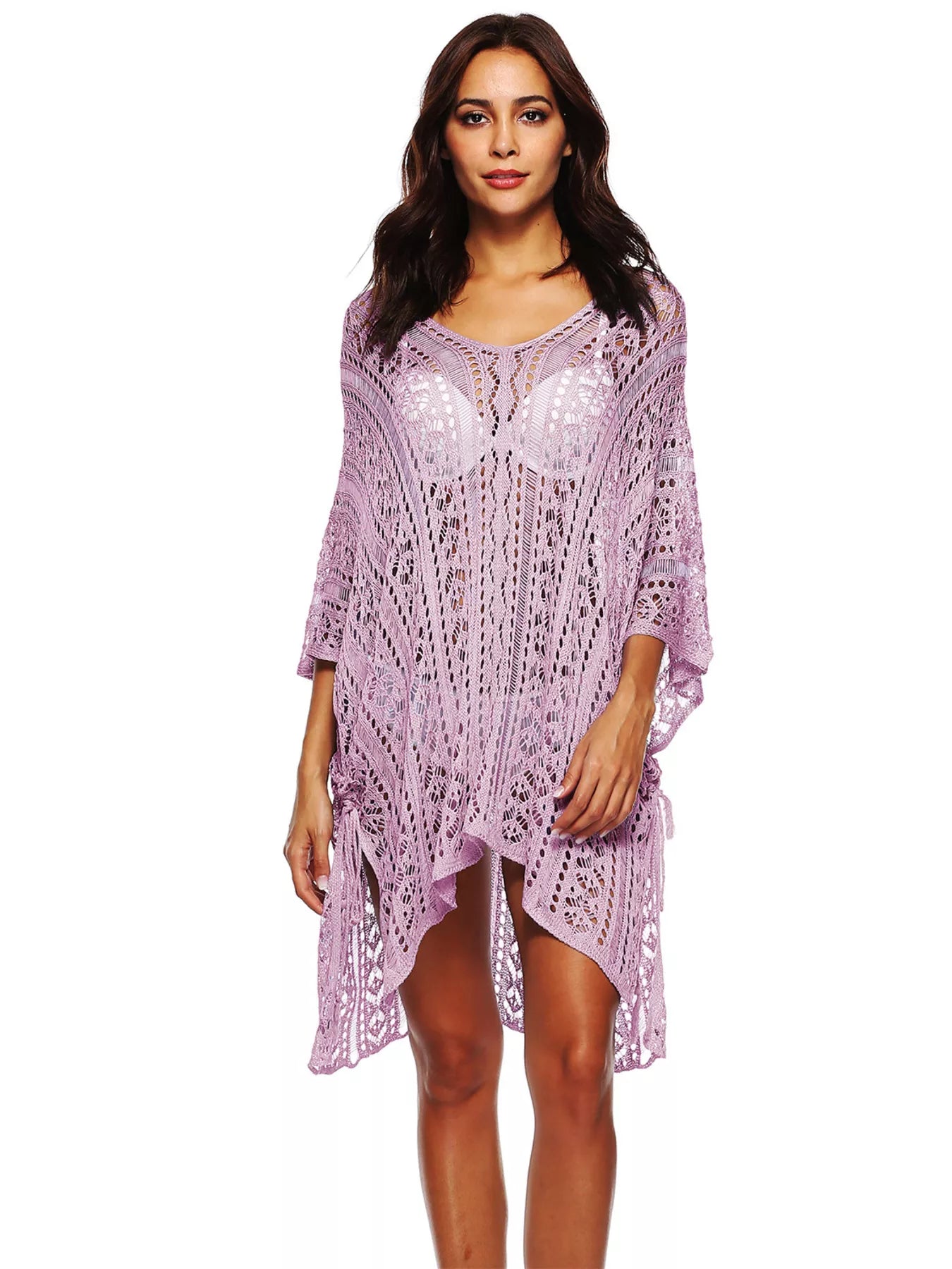 Lavender crochet v-neck cover-up with loose sleeves and patterned openwork hem