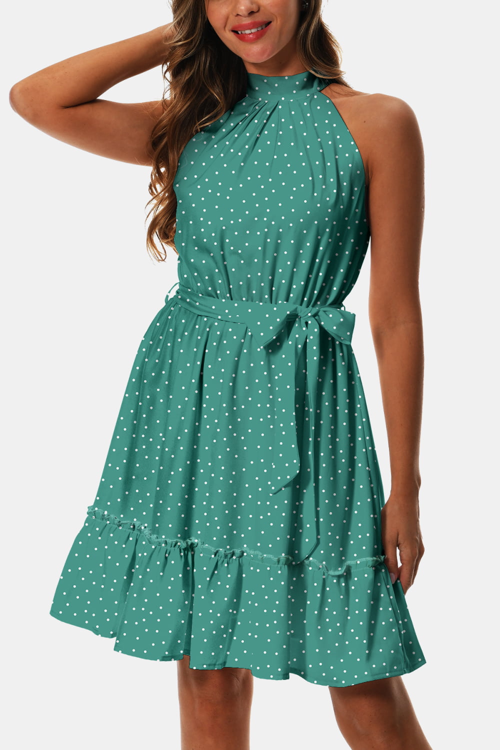 Turquoise dotted halter tie-waist frill-trim dress, gathered tiered hem