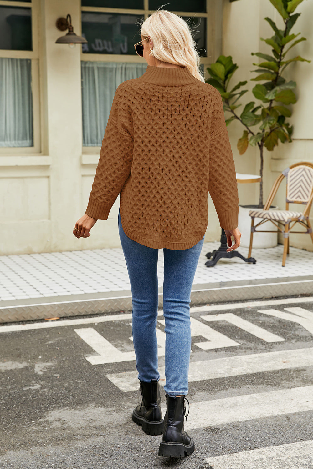 Caramel mock neck long-sleeve sweater with textured diamond knit, back view