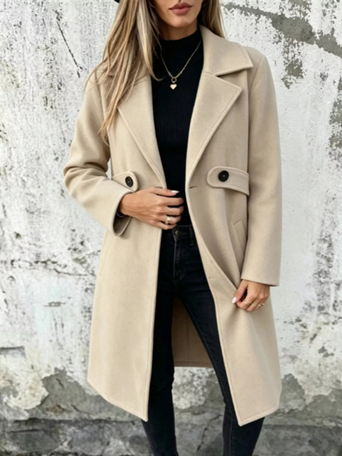Apricot longline button-lapel coat with flap pockets and front buttons