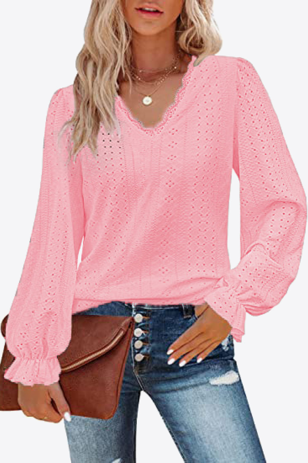 Pink eyelet V-neck blouse with long flounce sleeves