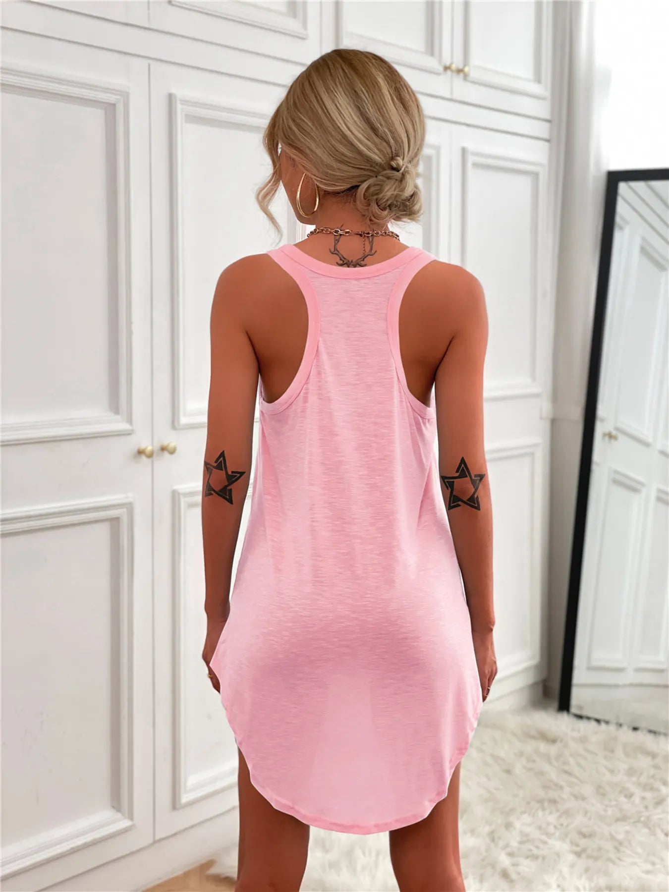 Casual Tank Mini Dress with Curved Hem in pink, back view on model