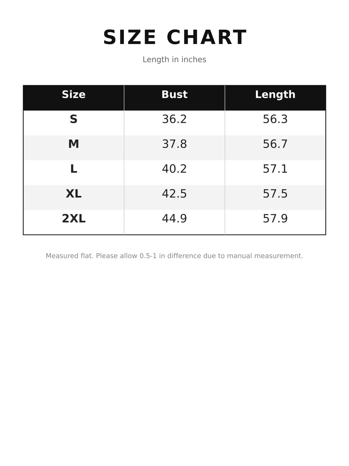 Jumpsuit size chart with bust and length measurements by size