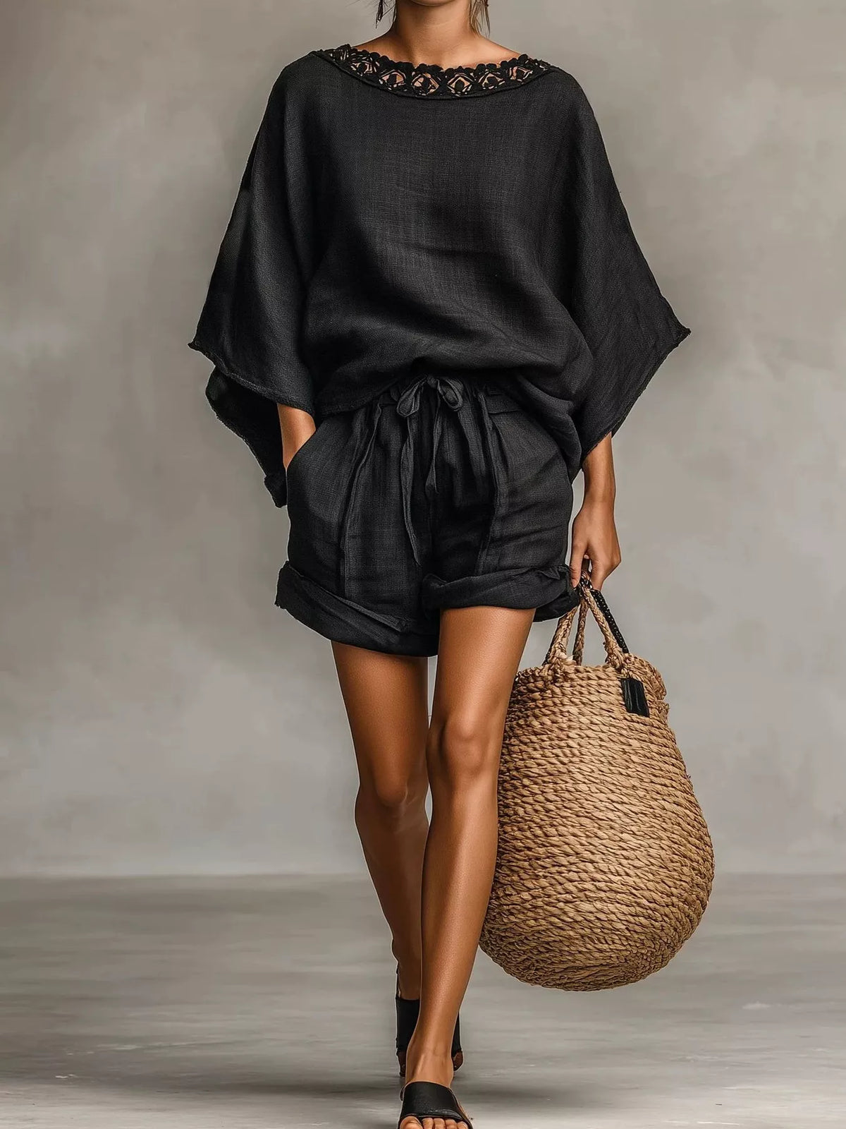Black oversized lace-trim top and drawstring shorts set, loose fit, batwing sleeves