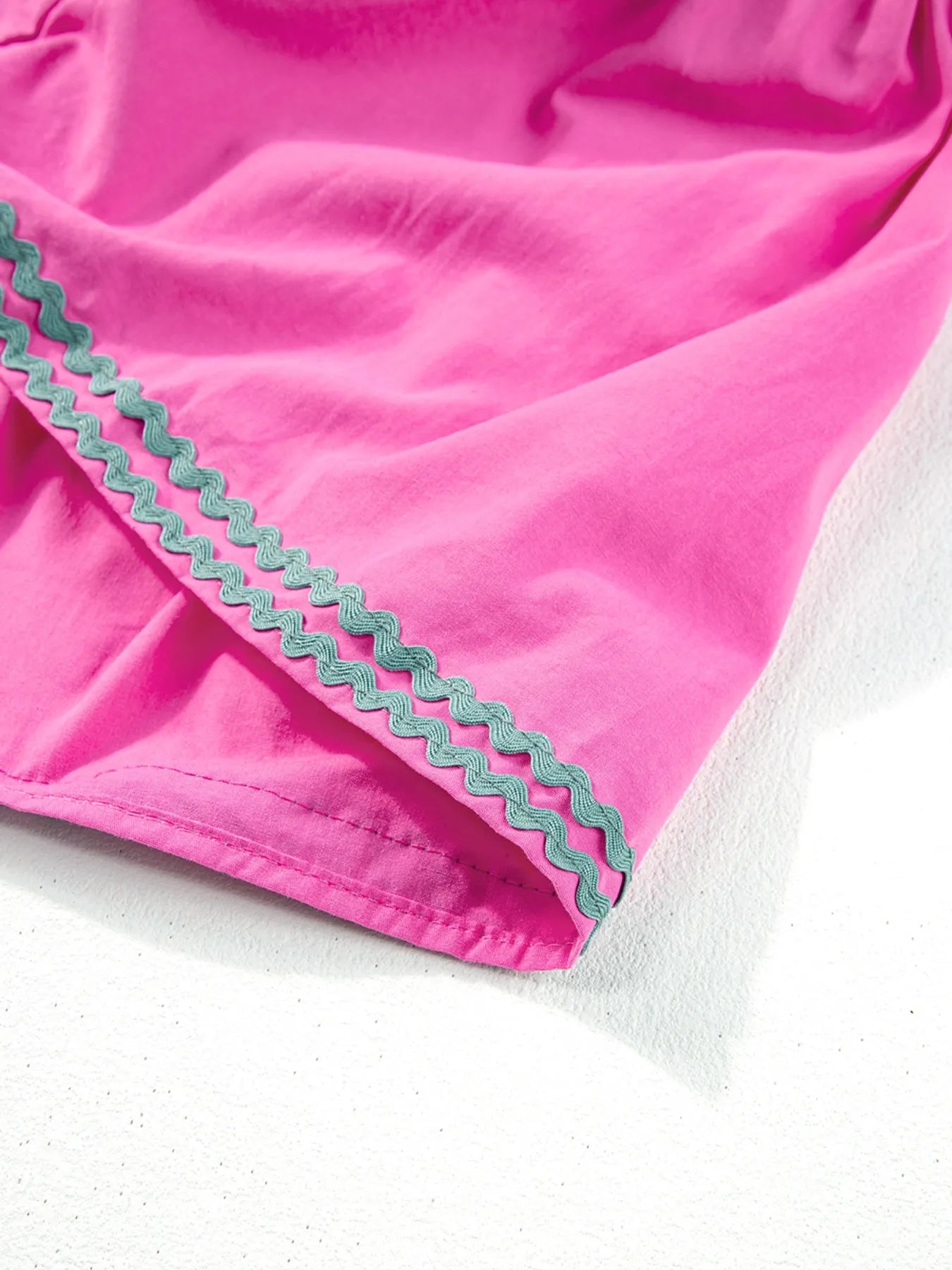 Ric Rac Flutter Sleeve Tiered Dress pink fabric with turquoise zigzag trim