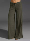 Olive wide-leg pants with button fly and side pockets