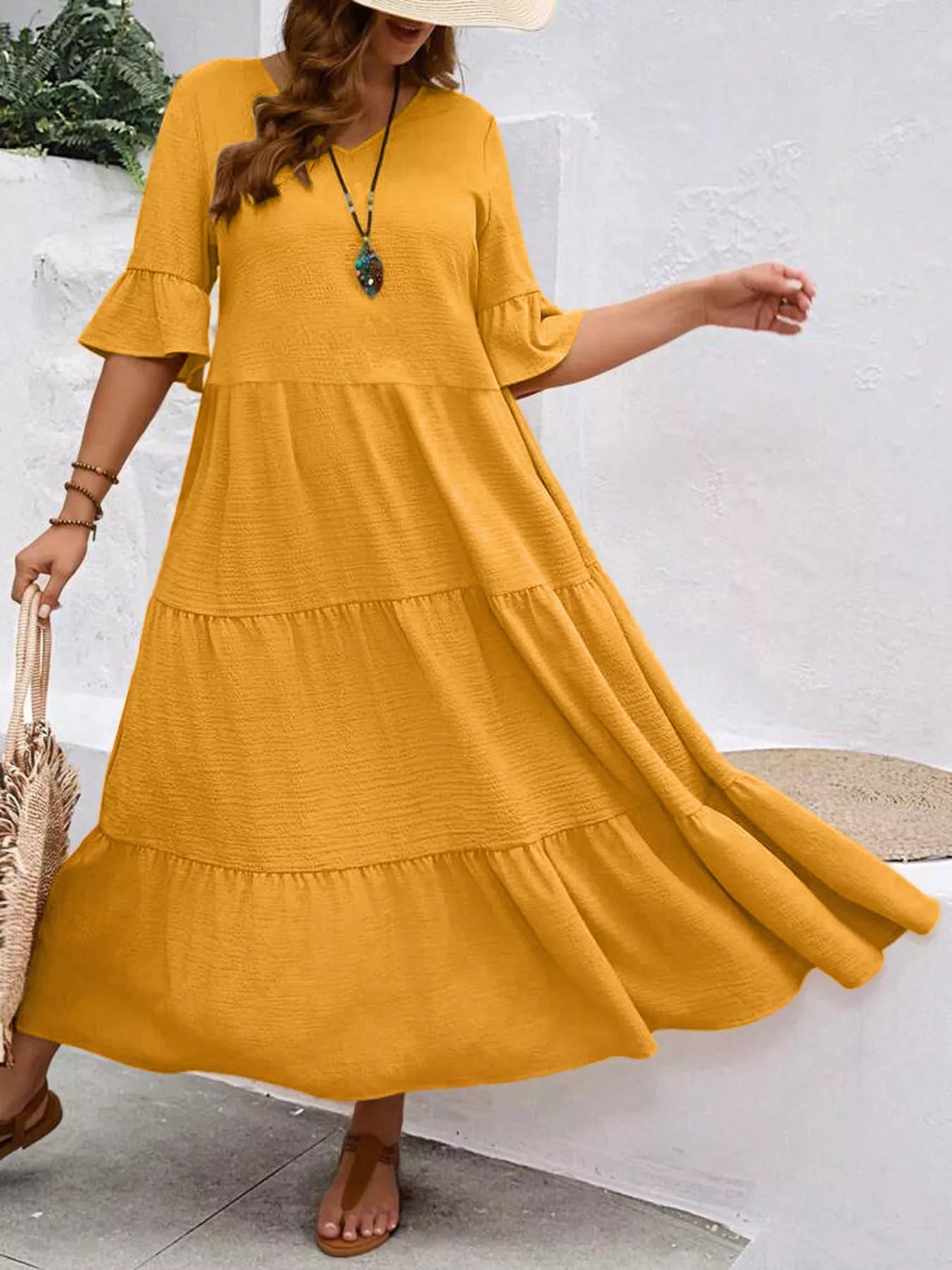Tiered midi dress with ruffle sleeves, tiered layers, golden yellow