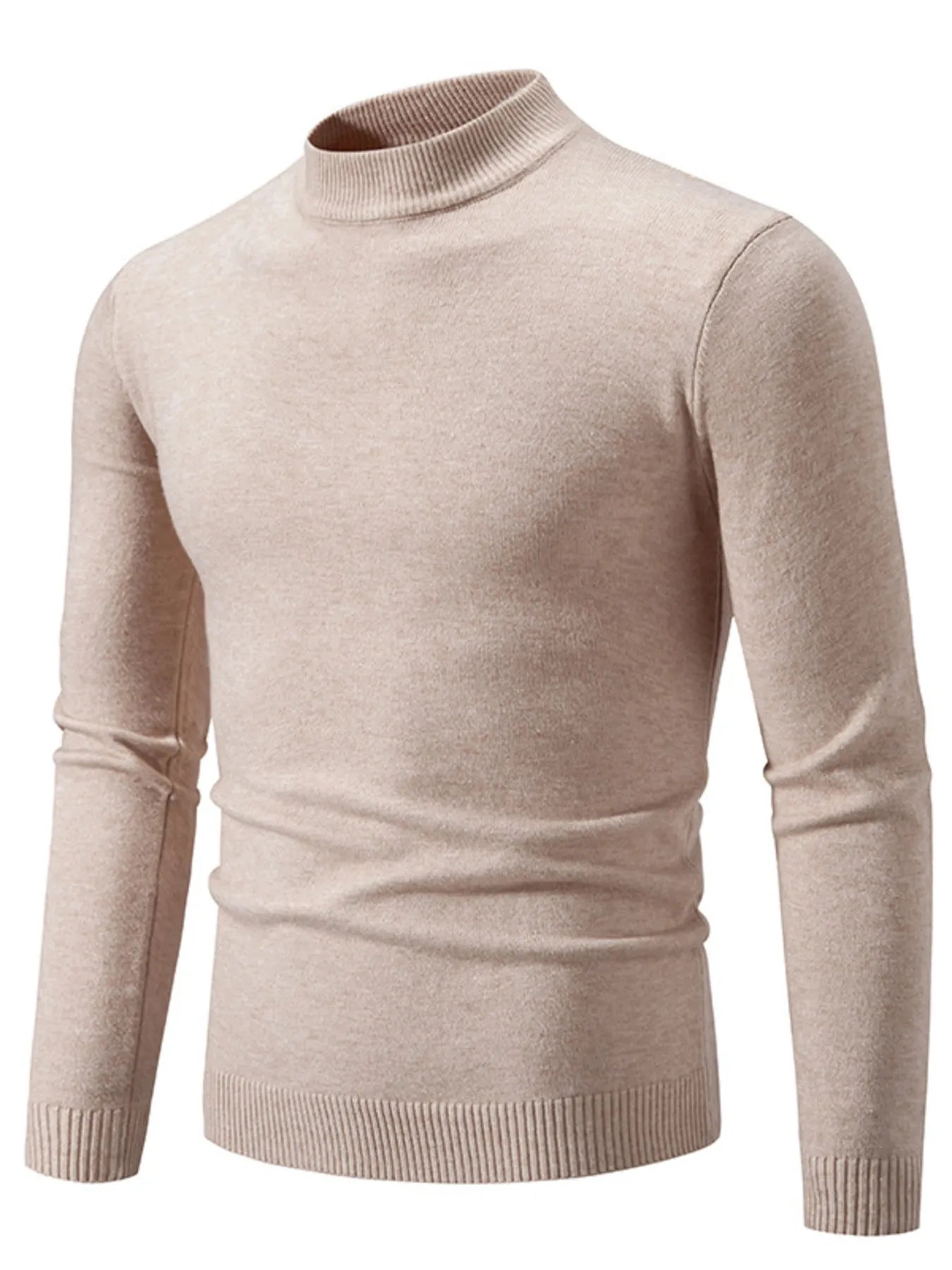 Mock-neck long-sleeve sweater with ribbed hem, light brown