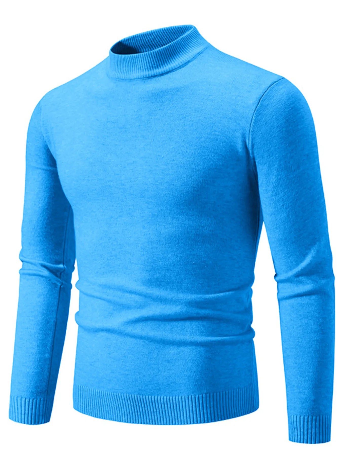 Blue mock neck long-sleeve sweater with ribbed hem and cuffs