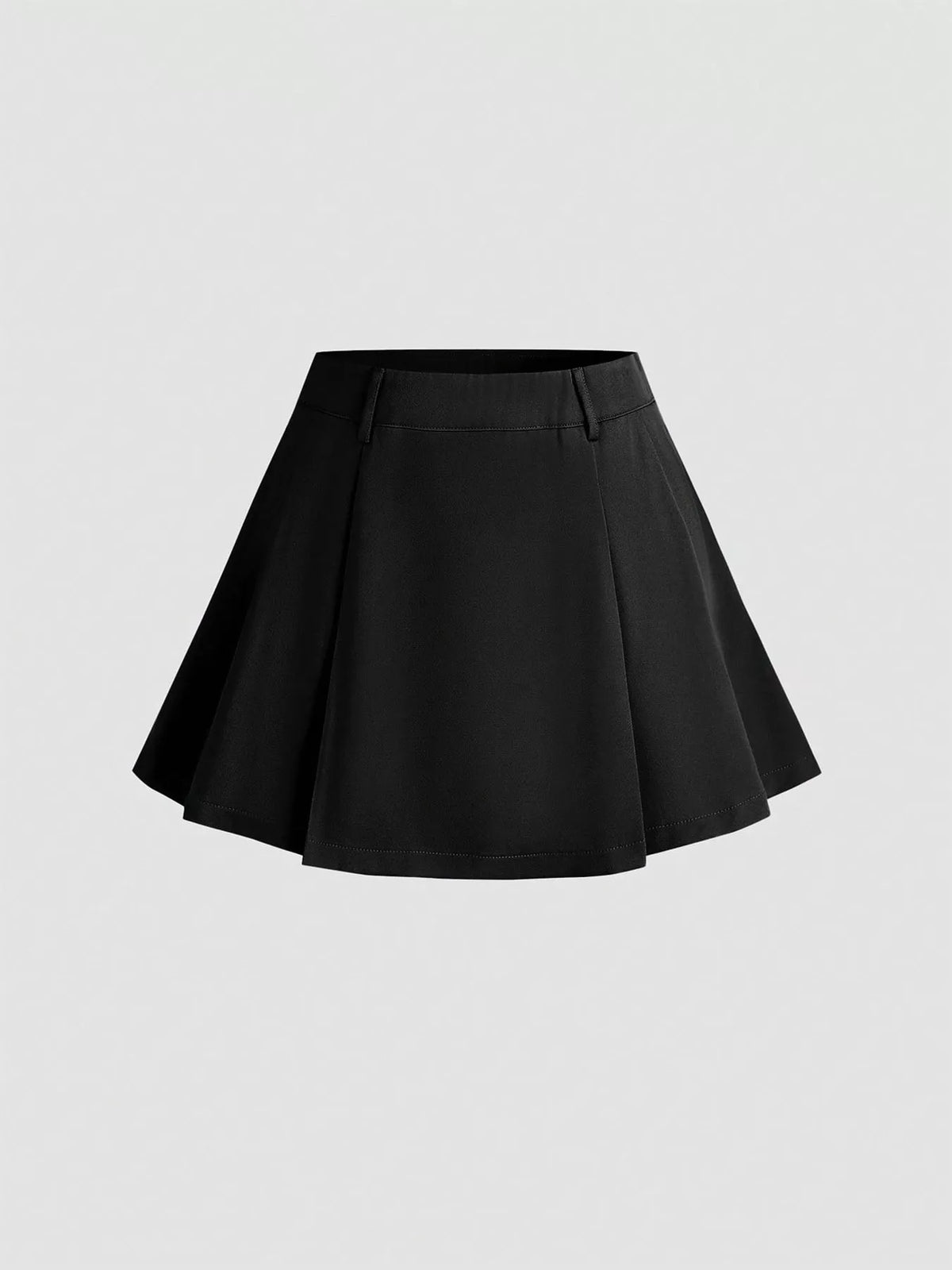 Black high-waisted pleated mini skirt with A-line shape and flared hem