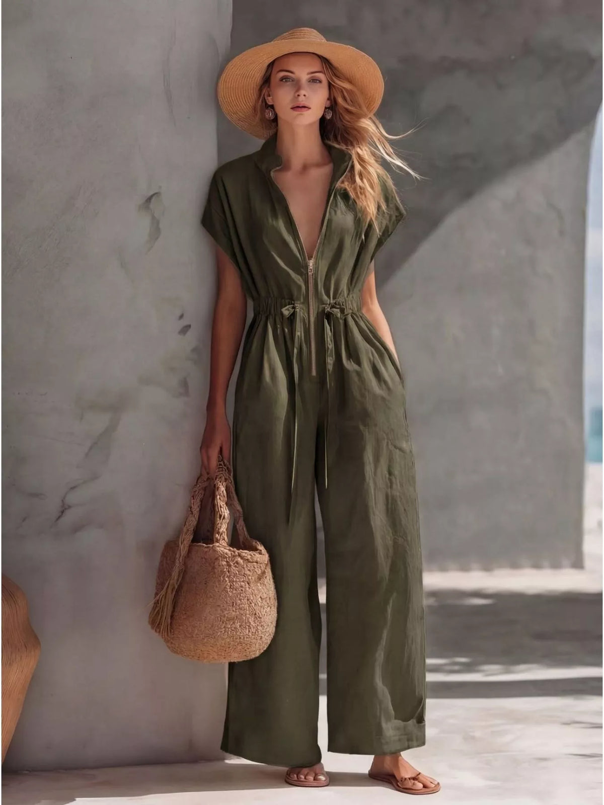 Army green zipper-front wide-leg jumpsuit with tied waist and short sleeves
