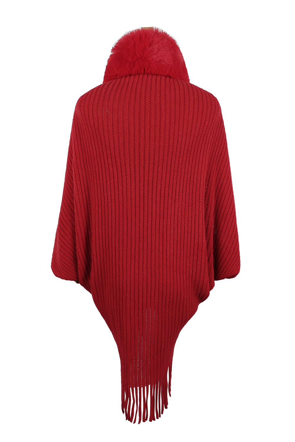 Deep red ribbed poncho with hood, draped sleeves, and long fringed hem
