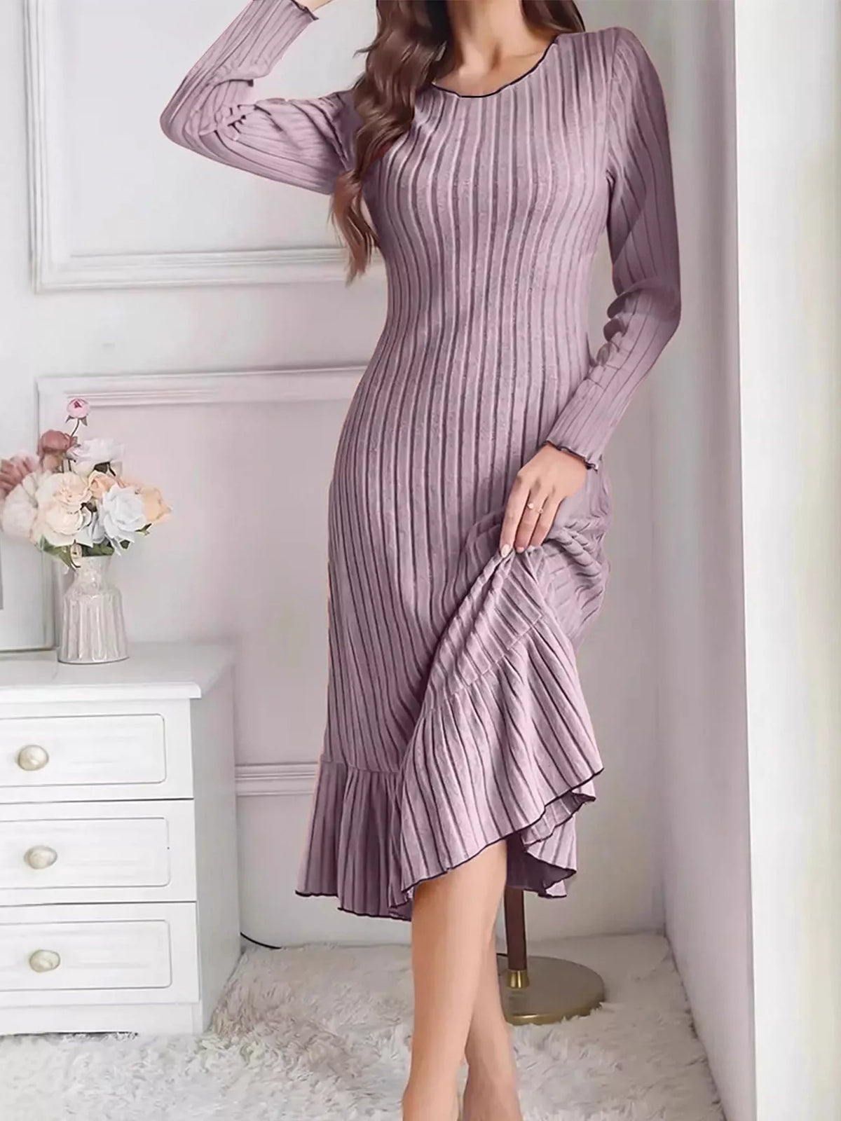 Light purple ribbed knit bodycon dress with long sleeves and ruffle hem
