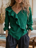 Ruffled V-neck long-sleeve blouse in dark green, long cuffed sleeves, layered front ruffle