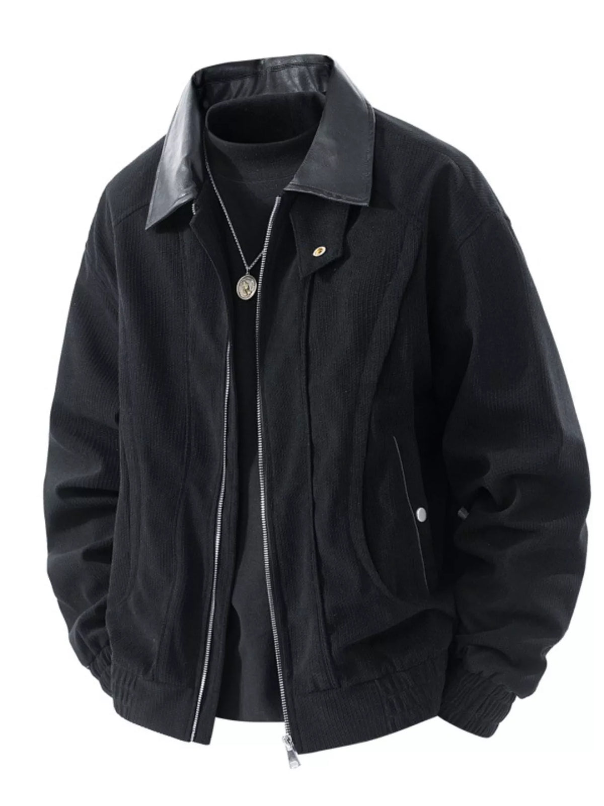 Men's corduroy zip-up jacket with faux leather collar, front pockets, black