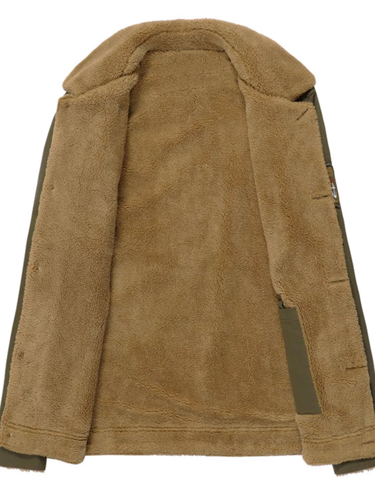 Men's button-up fleece-lined jacket, tan sherpa interior with high collar and open placket