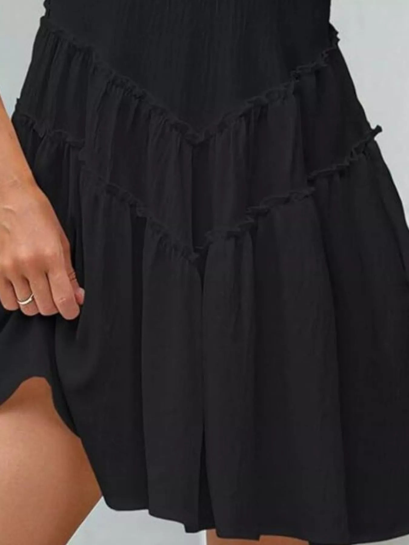 Round Neck Sleeveless Mini Dress, black with layered frill detailing