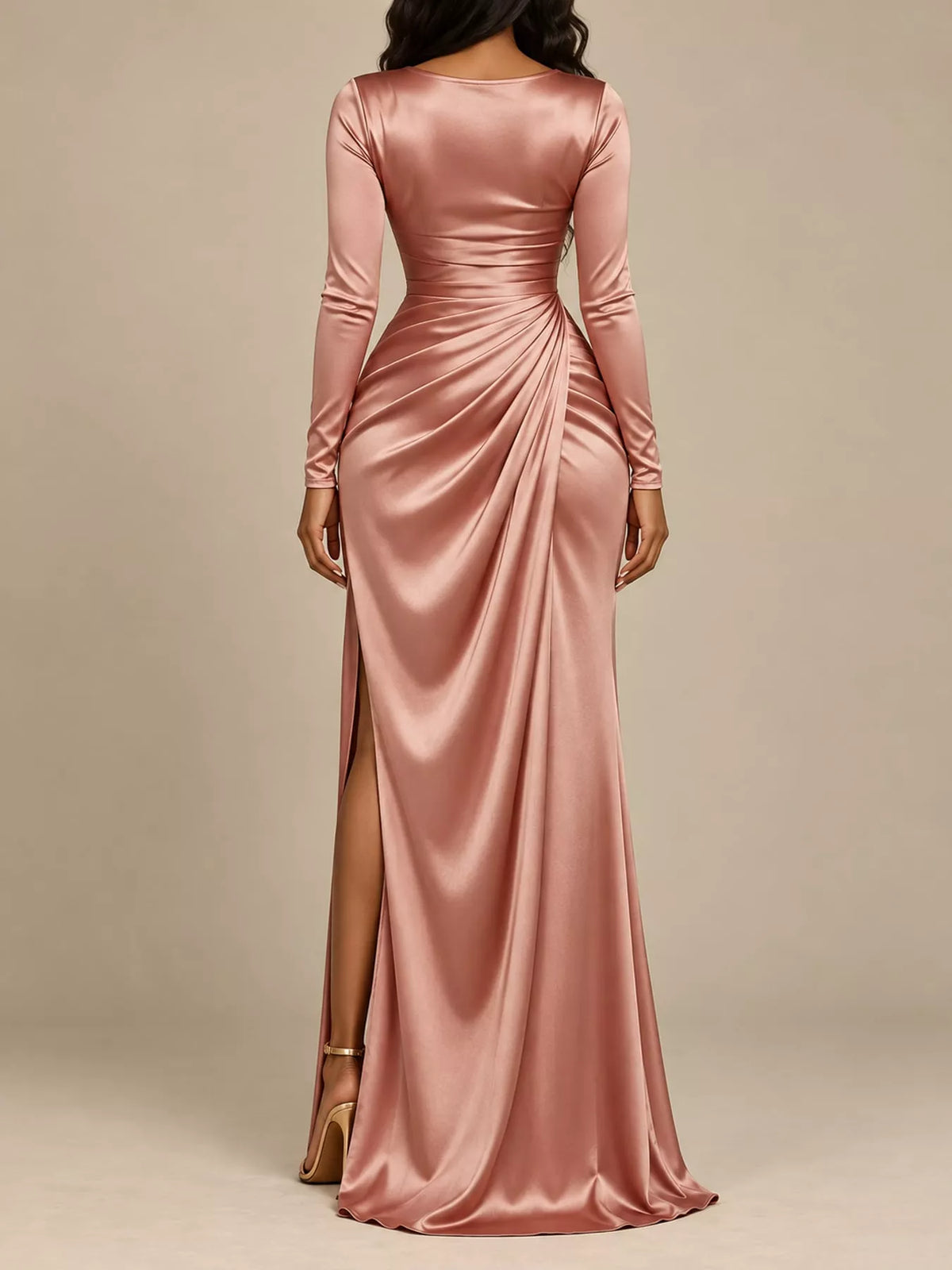 Rose gold satin cowl neck maxi dress back view with long sleeves and slit