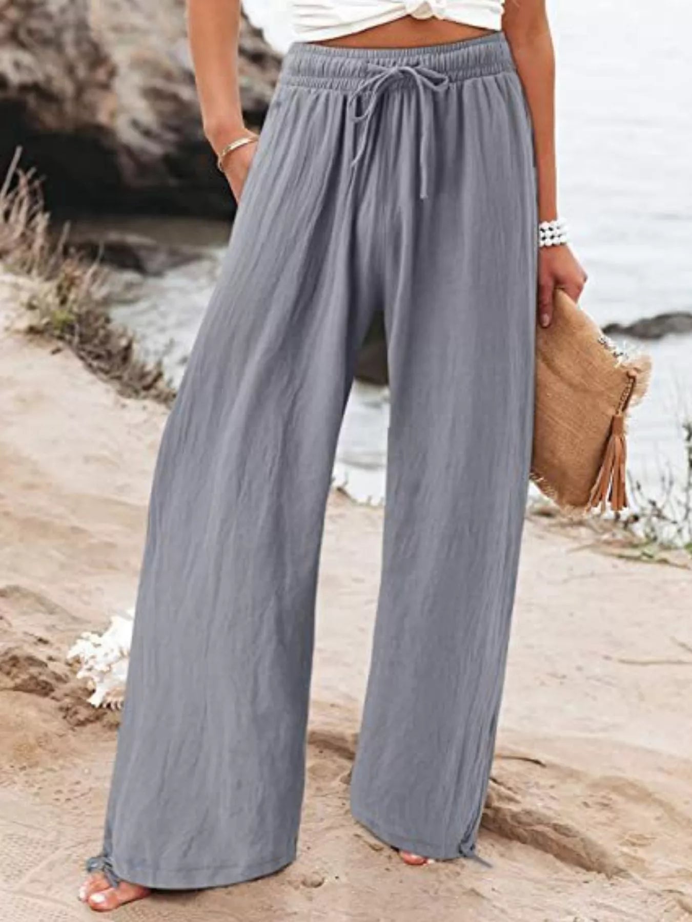 Wide-leg pants in slate blue with elastic drawstring waist