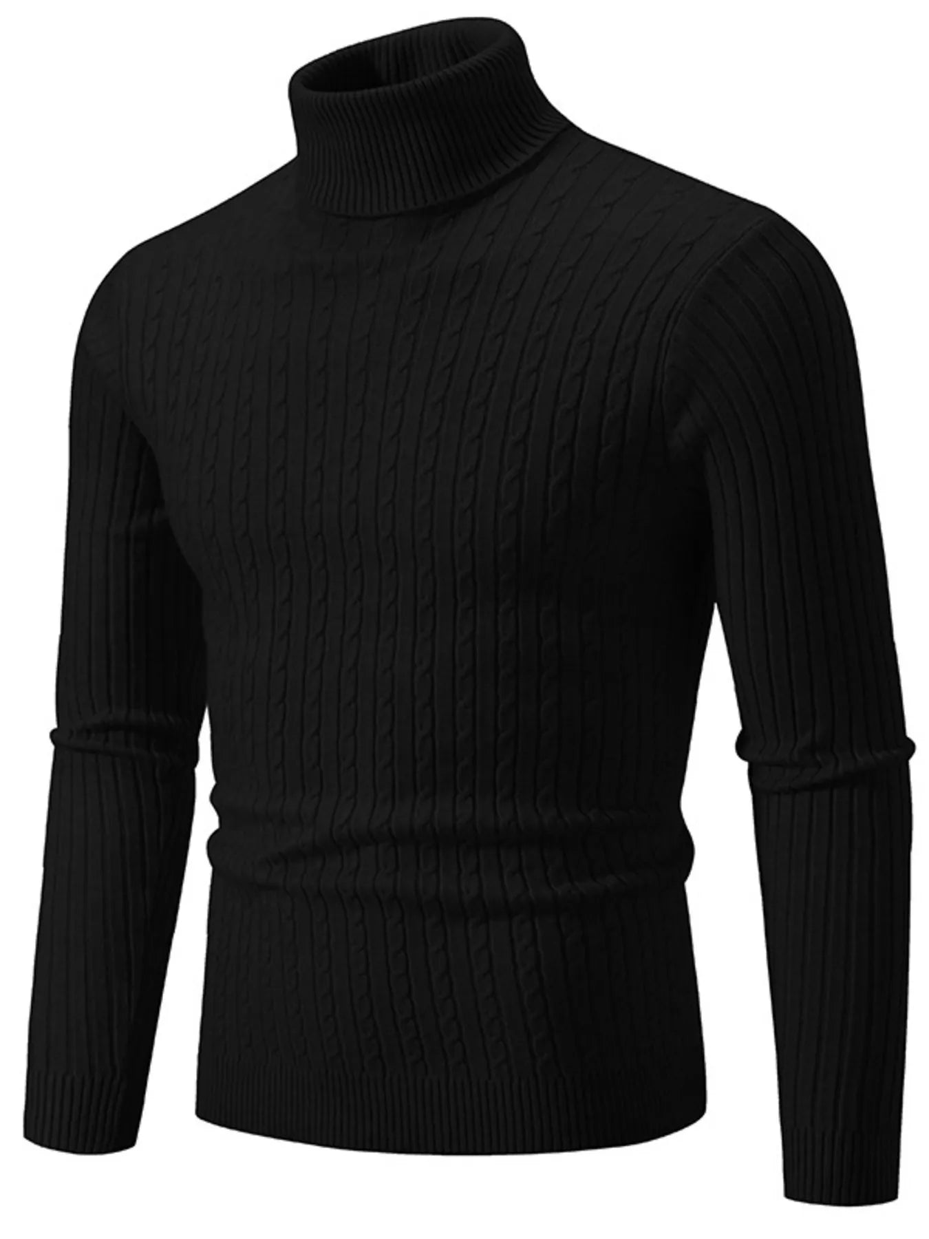 Men's plus size ribbed turtleneck sweater in black, long sleeves, fitted ribbed knit.