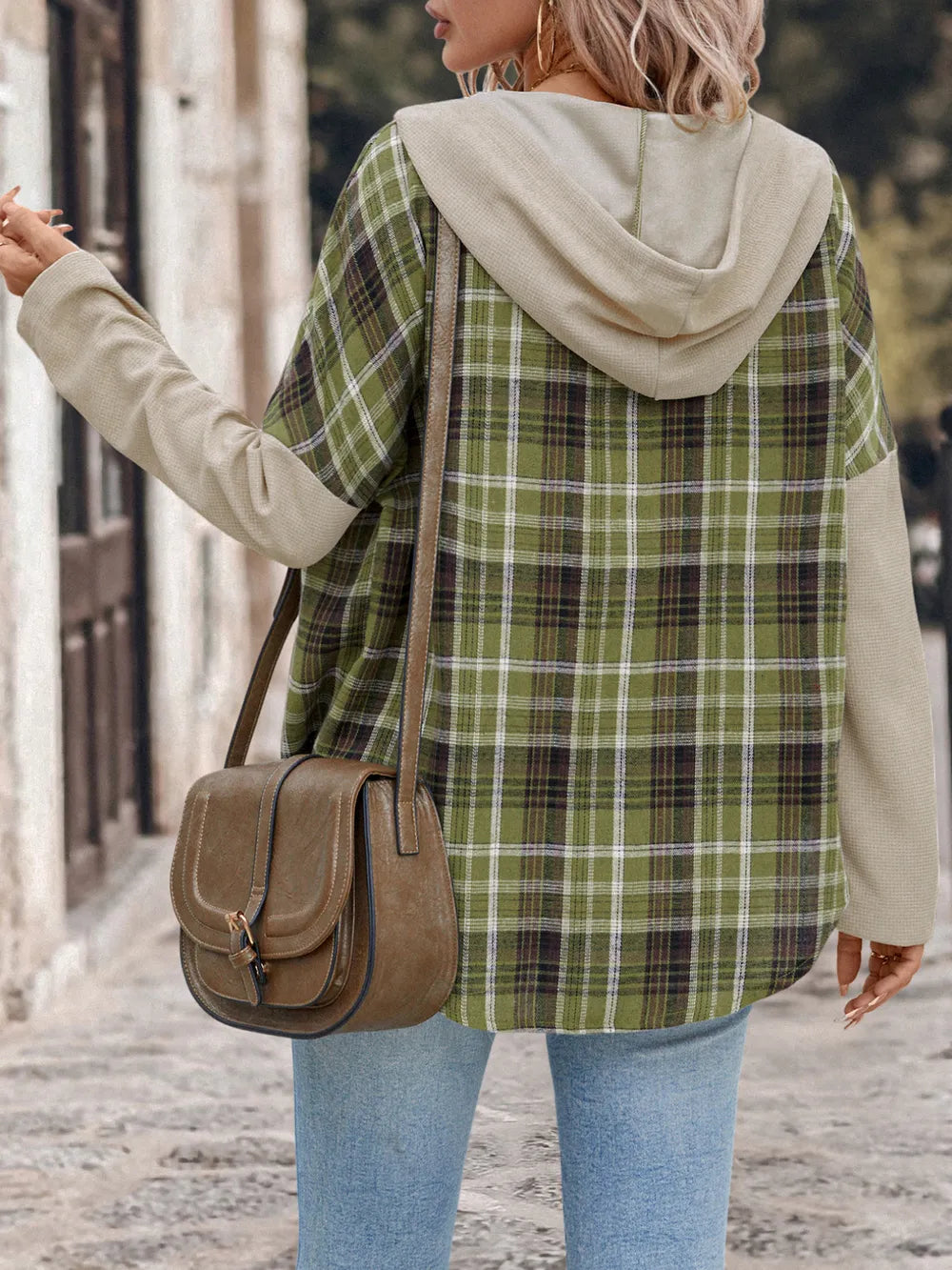 Plaid hooded long-sleeve shirt with button front, green check, contrasting beige sleeve panels