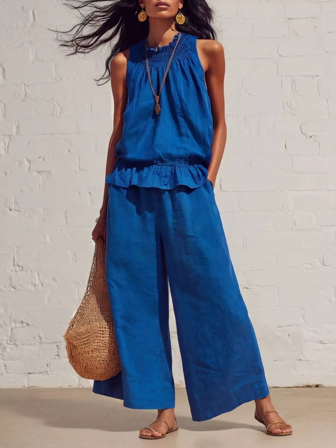 Smocked ruffled top and wide-leg pants set, bright blue sleeveless with layered ruffles