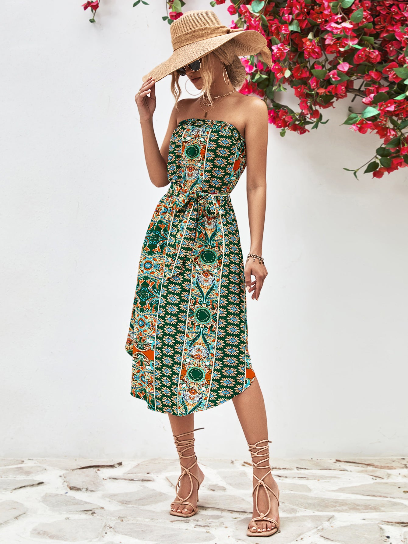 Printed strapless tie belt dress, blue multicolor medallion pattern, flared midi skirt
