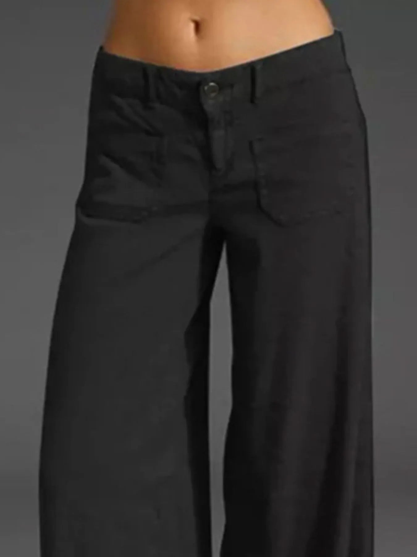 Black wide-leg pants with button front and front pockets