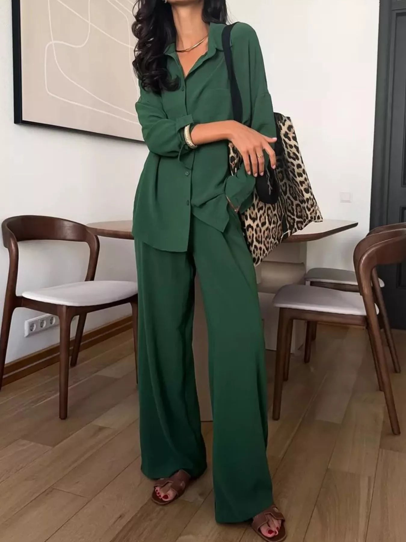Green relaxed-fit shirt and wide-leg pants set, tailored button-front shirt