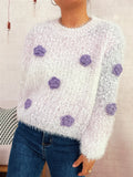 Flower-embellished round-neck sweater, fuzzy white knit with purple rosette appliques