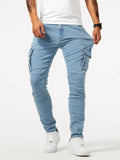 Light blue slim cargo jeans with side cargo pockets and zipper fly