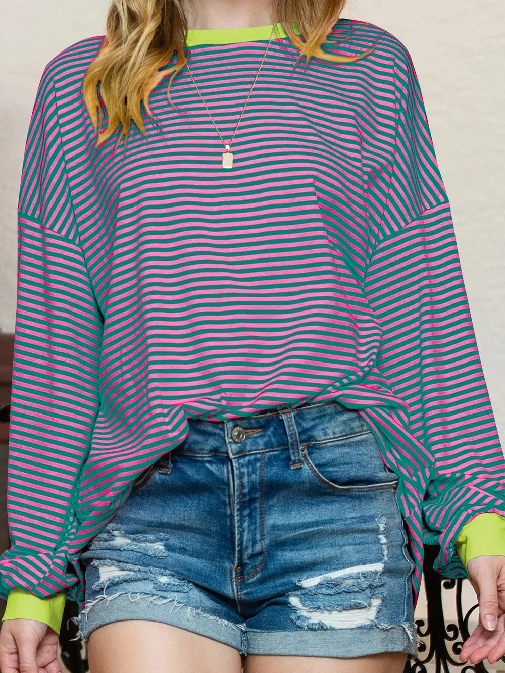 Contrast striped long-sleeve sweatshirt, purple contrast trim and pink-and-purple horizontal stripes