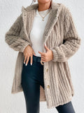 Cream button-front hooded coat, textured knit, long sleeves, gold buttons
