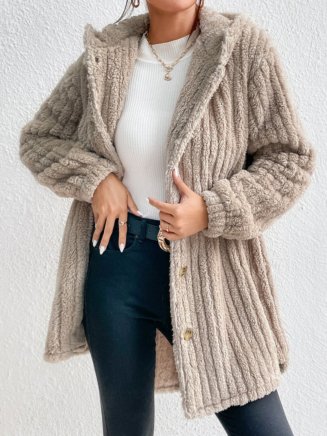 Cream button-front hooded coat, textured knit, long sleeves, gold buttons