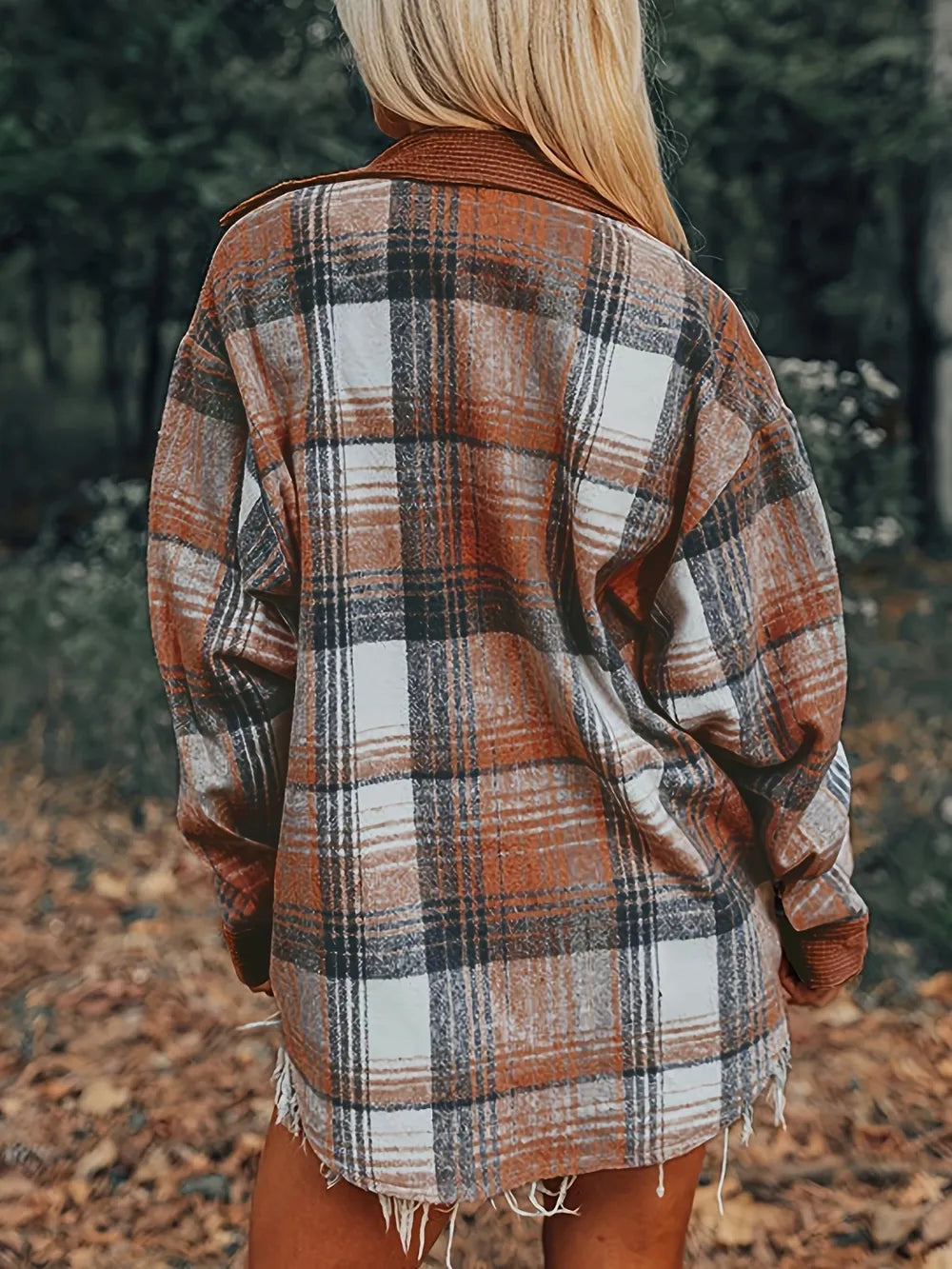 Brown plaid button-up shacket, collared back view with long sleeves and button front