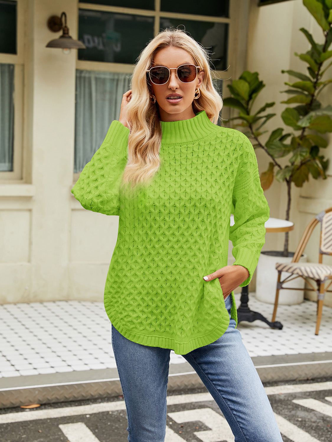 Lime green mock neck knit sweater with long sleeves and textured diamond pattern