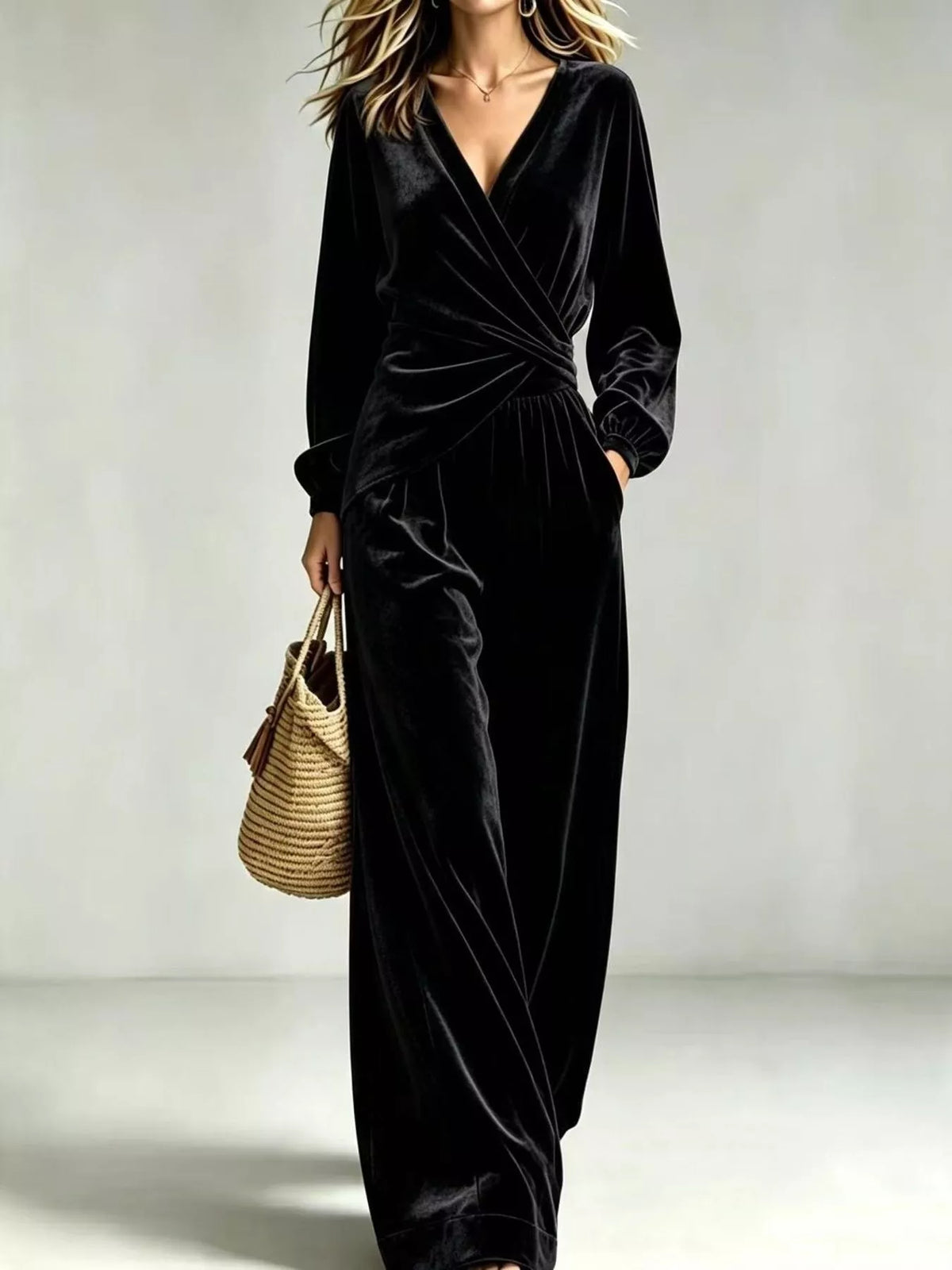 Black velvet wrap-front top and matching wide-leg pants set with long sleeves